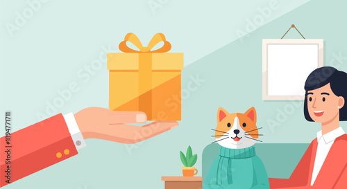 Hand presents gift box to a cat wearing a sweater, woman smiles