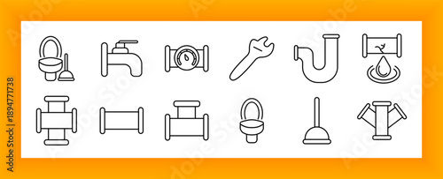 Plumbing set icon. Faucet, pipe, toilet, plunger, wrench, valve, leak, connector, drain, bathroom, sanitation, repair, flow, tube, maintenance, fixture