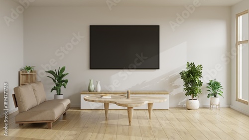 Minimal Living Room Interior with TV and Wooden Coffee Table.3d rendering.