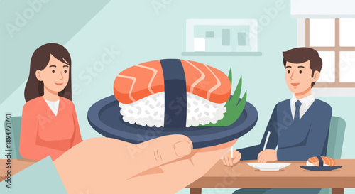 Hand presents salmon sushi to smiling diners at a table