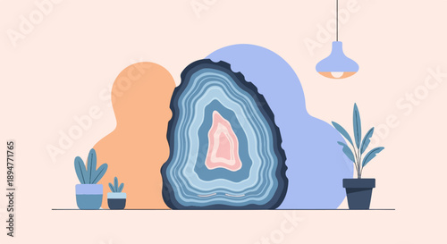 Interior scene with abstract shapes, potted plants, and a geode