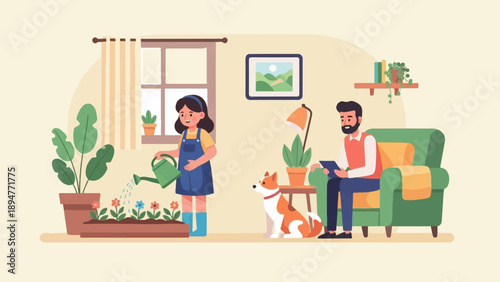 Girl waters plants while man reads on tablet with dog nearby