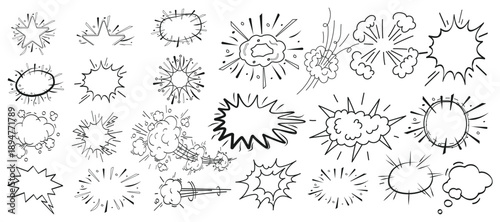 Hand drawn comic explosion and starburst elements featuring impact clouds, action bursts and sketch emphasis shapes for pop art, presentations and creative design use.