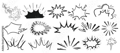 Hand drawn comic explosion and starburst elements featuring impact clouds, action bursts and sketch emphasis shapes for pop art, presentations and creative design use.
