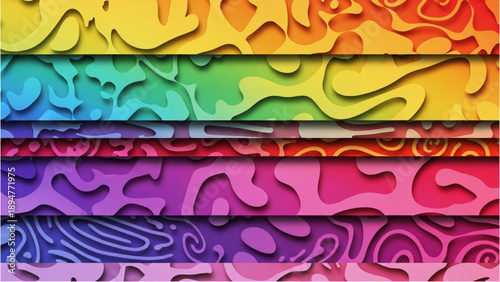 Vibrant rainbow-colored abstract layers with swirling patterns and fluid designs viewed from a straightforward perspective