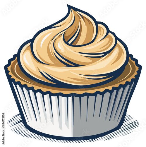 Stylized illustration of a delicious cupcake with creamy frosting, in a decorative paper cup