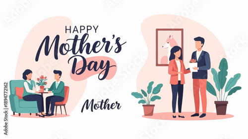 Happy Mother's Day illustrated with a family celebration