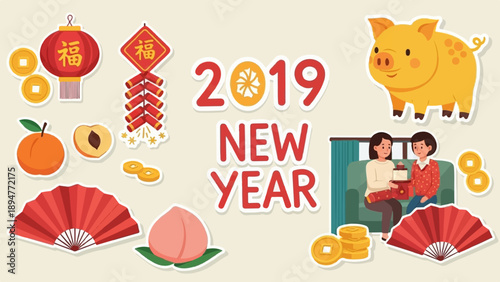 Happy New Year 2019 celebration with pig and lucky symbols