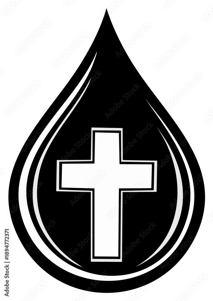 Fototapeta premium Symbolic Black and White Rendering of a Christian Cross Inside a Stylized Teardrop, Religion and Faith Representation