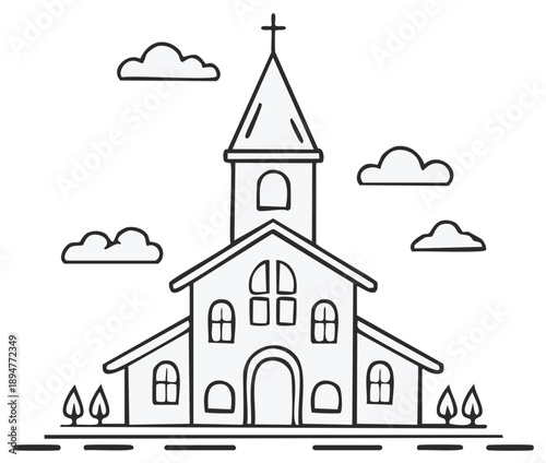 Church Building with Steeple and Cross Outline Simple Line Drawing