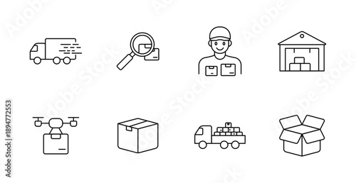 Logistics set icon. Delivery truck, magnifying glass, worker, warehouse, drone, parcel, cargo vehicle, open box outlined in simple shipping line style.