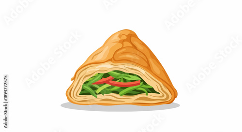 A golden-brown pastry filled with vibrant green vegetables and red strips