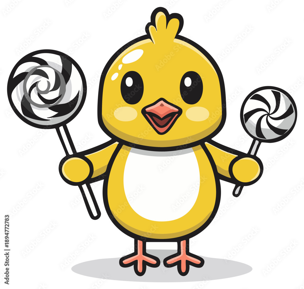 Obraz premium Cute Cartoon Chick with Lollipops Sweet Treat Illustration
