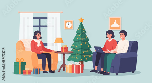 A family enjoys Christmas in a cozy living room, with gifts and a tree