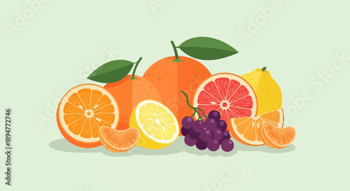 A flat illustration features an assortment of colorful citrus fruits and grapes