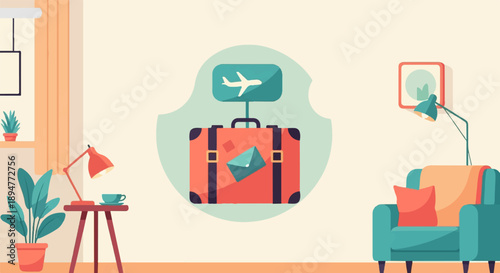 A flat illustration of a suitcase with an airplane icon, armchair, and plants
