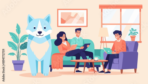 A family gathers in a cozy living room with a large blue cartoon dog