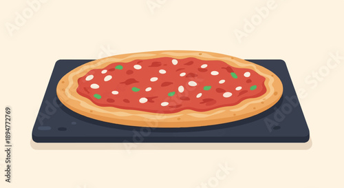 A flat illustration of a round pizza with red sauce, white cheese, and green toppings on a dark board