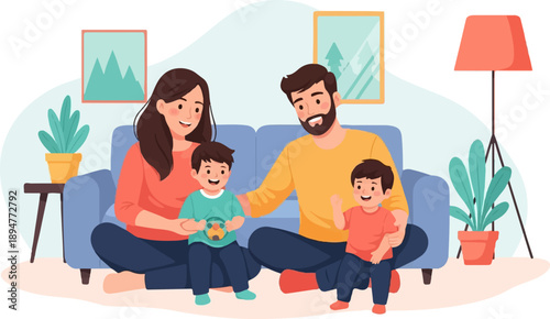 A family of four, including parents and two young boys, relaxing together on a blue couch