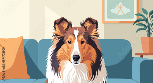 A fluffy, tri-color dog with expressive eyes sits on a blue couch indoors