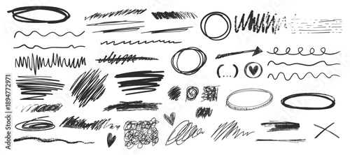 Hand drawn scribble highlight elements including sketch lines, circles, arrows and abstract strokes for annotation, brainstorming, education and interface design use.