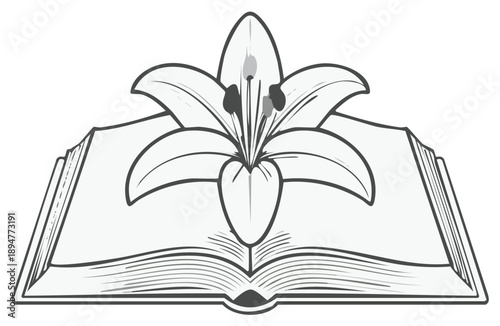 Open Book with Lily Flower Illustration, Education and Religious Symbolism Artwork