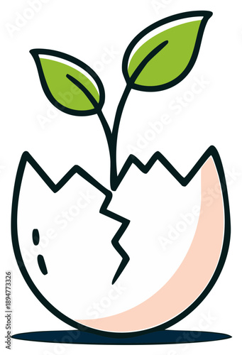 Cracked eggshell with sprouting plant emerging symbolizes new beginnings and growth
