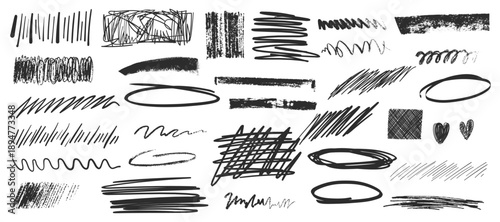 Hand drawn scribble highlight elements including sketch lines, circles, arrows and abstract strokes for annotation, brainstorming, education and interface design use.