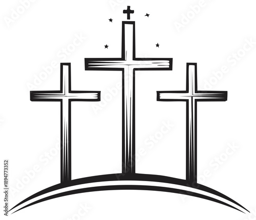 Three crosses stand atop a hill as a Christian symbol of the crucifixion