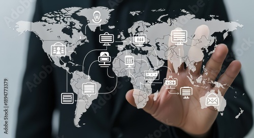 Data sovereignty compliance with a hand ensuring customer data icons remain within geographic border lines on a global data flow map.