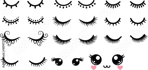 Cute eyelash vector collection, kawaii eyes and lashes set for makeup design, beauty icons, cartoon facial expressions, decorative elements illustration pack