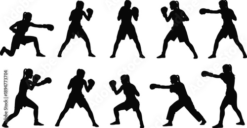 Female boxer silhouette vector set, women boxing action poses with gloves, punching defense stances, martial arts fitness sports illustration isolated