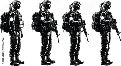 Female soldier silhouette illustration, tactical military operator with rifle and backpack, side view poses, special forces concept, monochrome vector design