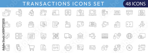 Outline style transaction icons set covering digital payment, banking, money transfer, finance, wallet, card, invoice, tax, and secure online commerce concepts.