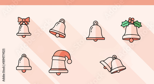 A collection of flat design Christmas bells in various styles on a light background