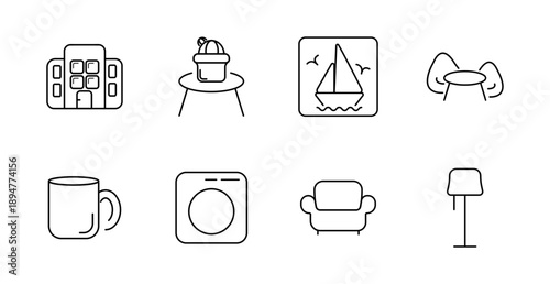 Home and living set icon. Residential building, indoor furniture, decor items, coffee mug, armchair, floor lamp, painting, flowerpot, table set