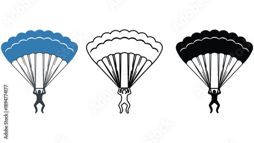 Three parachutes in different colors against a white background