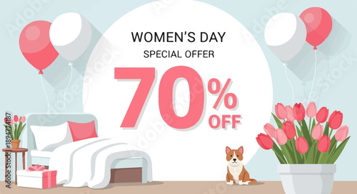 70% off sale for Women's Day with balloons, flowers, gift, dog, and bed