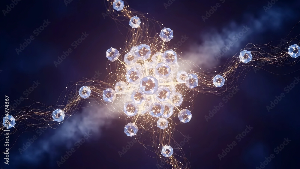 Obraz premium Glowing crystal nodes connecting in a dynamic network