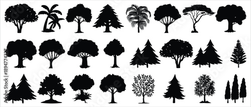 Black tree silhouettes featuring forest and nature shapes for landscape, environmental and graphic design projects.