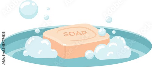 A bar of soap with text, floating in bubbly water