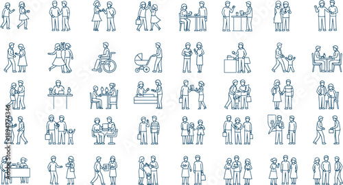People interaction line icons collection, social situations and daily activities, family work leisure communication scenes, simple outline characters, modern lifestyle vector illustration set