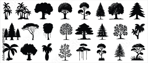 Black tree silhouettes featuring forest and nature shapes for landscape, environmental and graphic design projects.