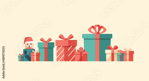 A festive cartoon dog in a Santa hat surrounded by wrapped gifts