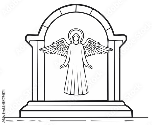 Angel figure with spread wings in arched stone monument outline