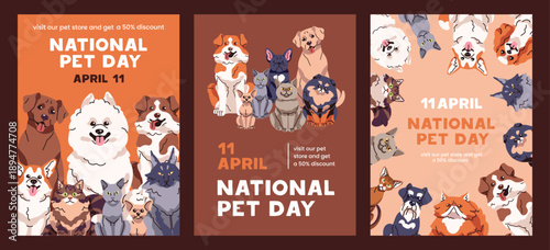 Designs of National Pet Day event posters set. Templates with cute cats and funny dogs. Festive cards with border from happy domestic animals, puppies and kittens on layouts. Flat vector illustrations