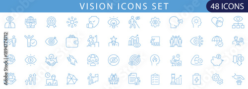 Vision line icon set with strategy, goals, insight, planning and business growth concepts. Editable outline icons ideal for UI, UX, presentations and infogr
