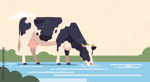 A black and white cow drinks from a blue lake with green bushes