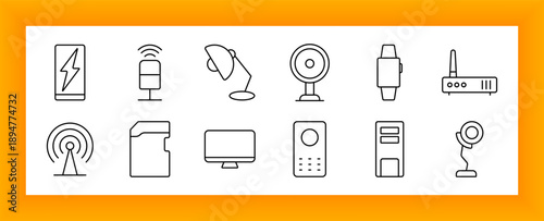 Technology and gadget set icon. Smartphone, microphone, lamp, webcam, smartwatch, router, antenna, memory card, monitor, remote, CPU, surveillance device.