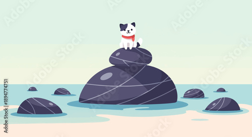 A black and white dog with a red scarf sits atop a stacked rock formation by the sea